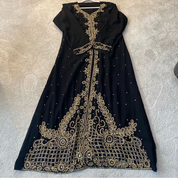 XL‎ Modest Ethnic Abaya Kaftan Maxi Evening Dress Muslim Black Gold Beaded - Picture 9 of 16